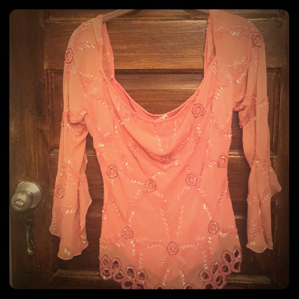 Dusty Rose Sequin Top - 💯 Silk With Bell Sleeves
